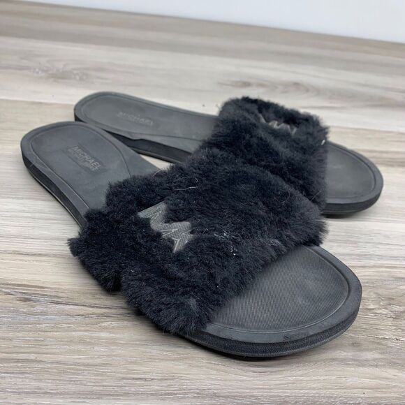 Michael Kors Women's Faux Fur Slide Sandals Size 7 Black Logo - Picture 1 of 14